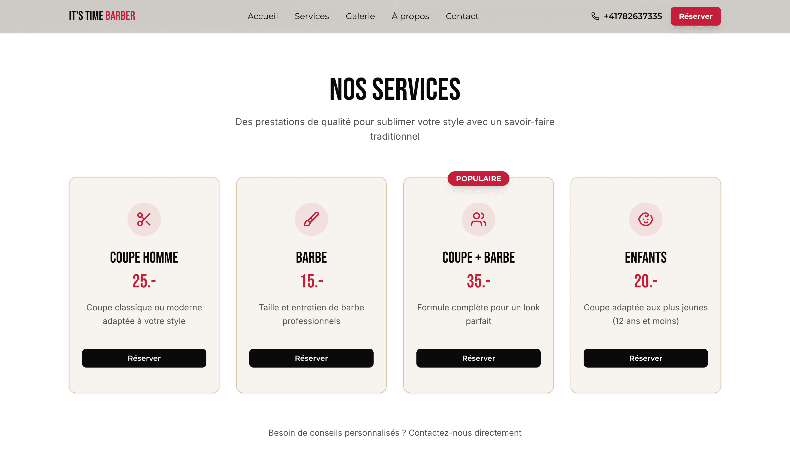 It's Time Barber — Prestations et tarifs, rassemblés à un seul endroit dans le code